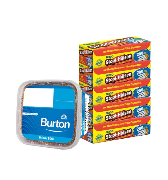BURTON Volumen BLUE Zigarettentabak XXX Size 300 GRAMM & 1.000 Fargo Zigarettenhülsen