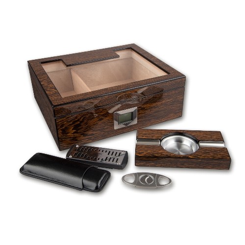 Humidor-Geschenkset aus Ironwood Holz lackiert in dunkelbraun glänzend