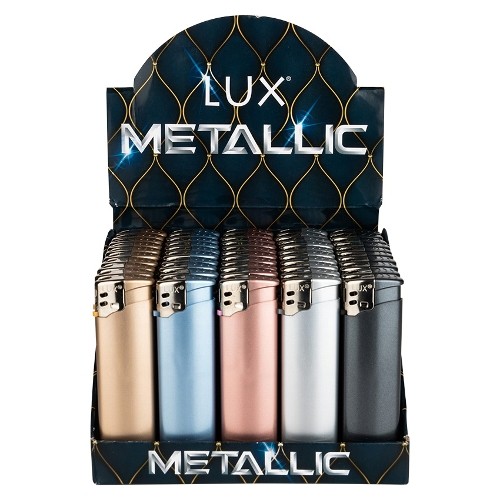 Einwegfeuerzeug Piezo LUX metallic Display mit 50 Stueck 5 Farben sort