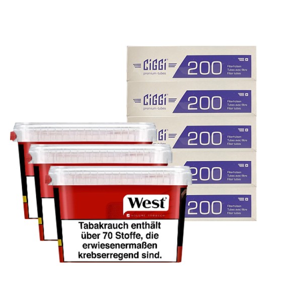 3 x West Red Volumen Tabak à 120 Gramm & 1.000 Ciggi Zigarettenhülsen