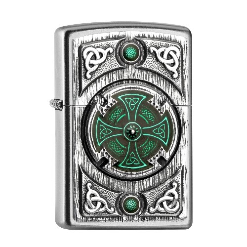 Feuerzeug Zippo Celtic Green Cross aus Chrom satiniert in silber seidenmatt grün mit Emblem
