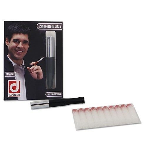 Zigarettenspitze Denicotea Standard aus Kunststoff in schwarz silber mit 10 Kieselgelfiltern