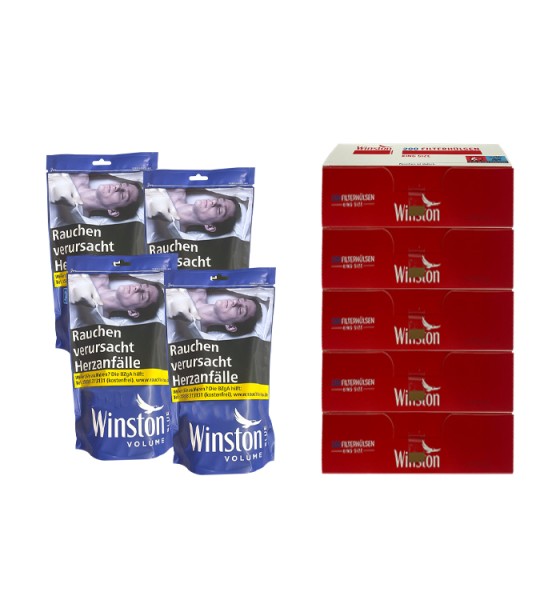 4 x Beutel Winston Blau à 110 Gramm & 1000 Winston King Size Zigarettenhülsen