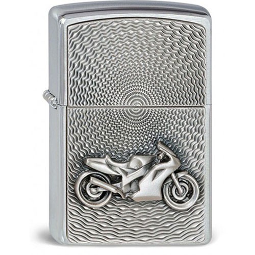 Feuerzeug Zippo Motorrad aus Chrom gebürstet in silber seidenmatt mit Emblem