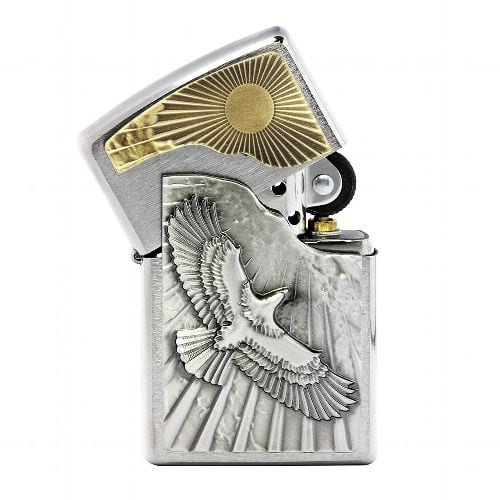 Feuerzeug Zippo Eagle Sun Fly aus Chrom gebürstet in silber gold seidenmatt mit Emblem