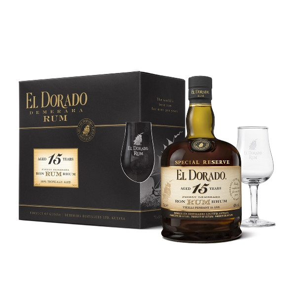 Rum EL DORADO 15 Jahre 43% Vol. mit 2 Gläsern