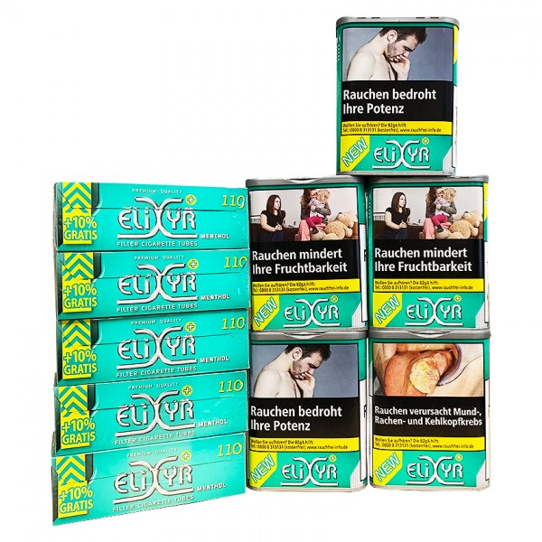 5 x Dosen ELIXYR+ Green à 115 Gramm Tabak & 550 ELIXYR+ Menthol Zigarettenhülsen