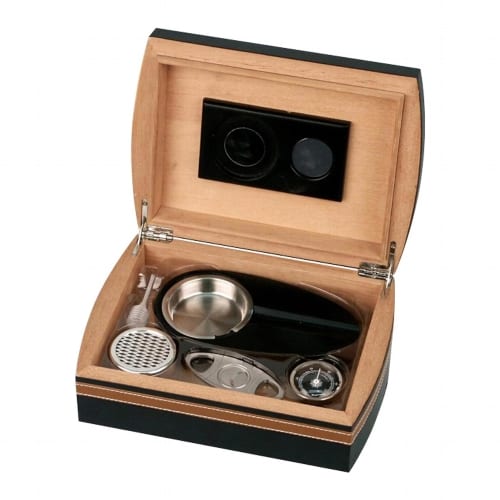 Humidor-Set Schwarz/Braun Lederoptik fuer ca. 25 Cigarren 18,7 cm breit