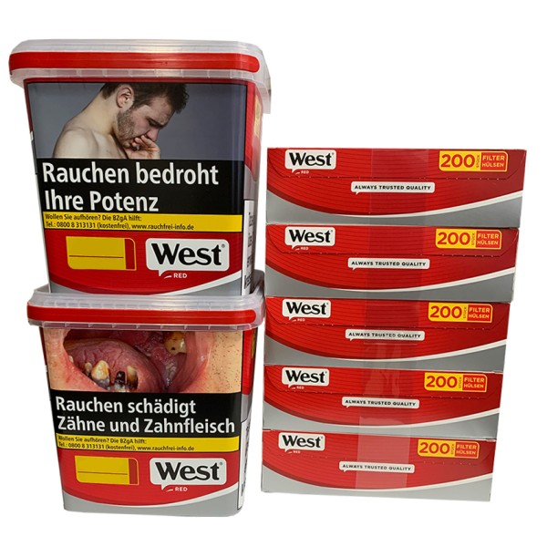 2 x Eimer West Red à 190 Gramm & 1000 West Rot Zigarettenhülsen