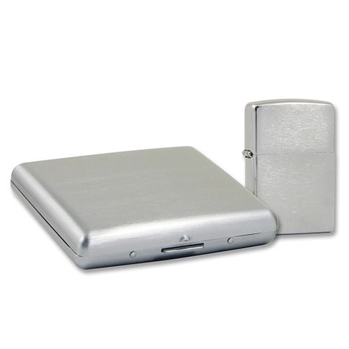 Feuerzeug mit Zigarettenetui Zippo aus Chrom gebürstet in silber seidenmatt im Geschenkset