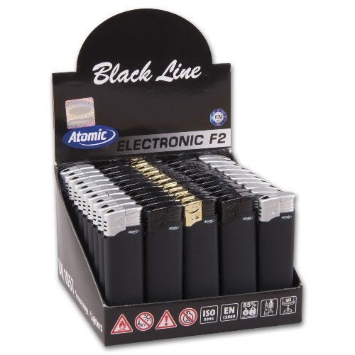 Einwegfeuerzeug Piezo ATOMIC Black Line Steller mit 50 Stueck sortiert